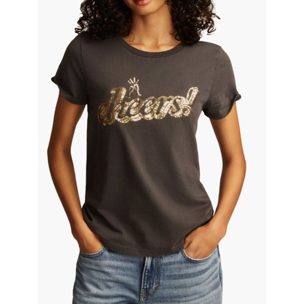 Lucky Brand Sequined Cheers NWT T-Shirt Medium Crewneck Short Sleeve Celebrate